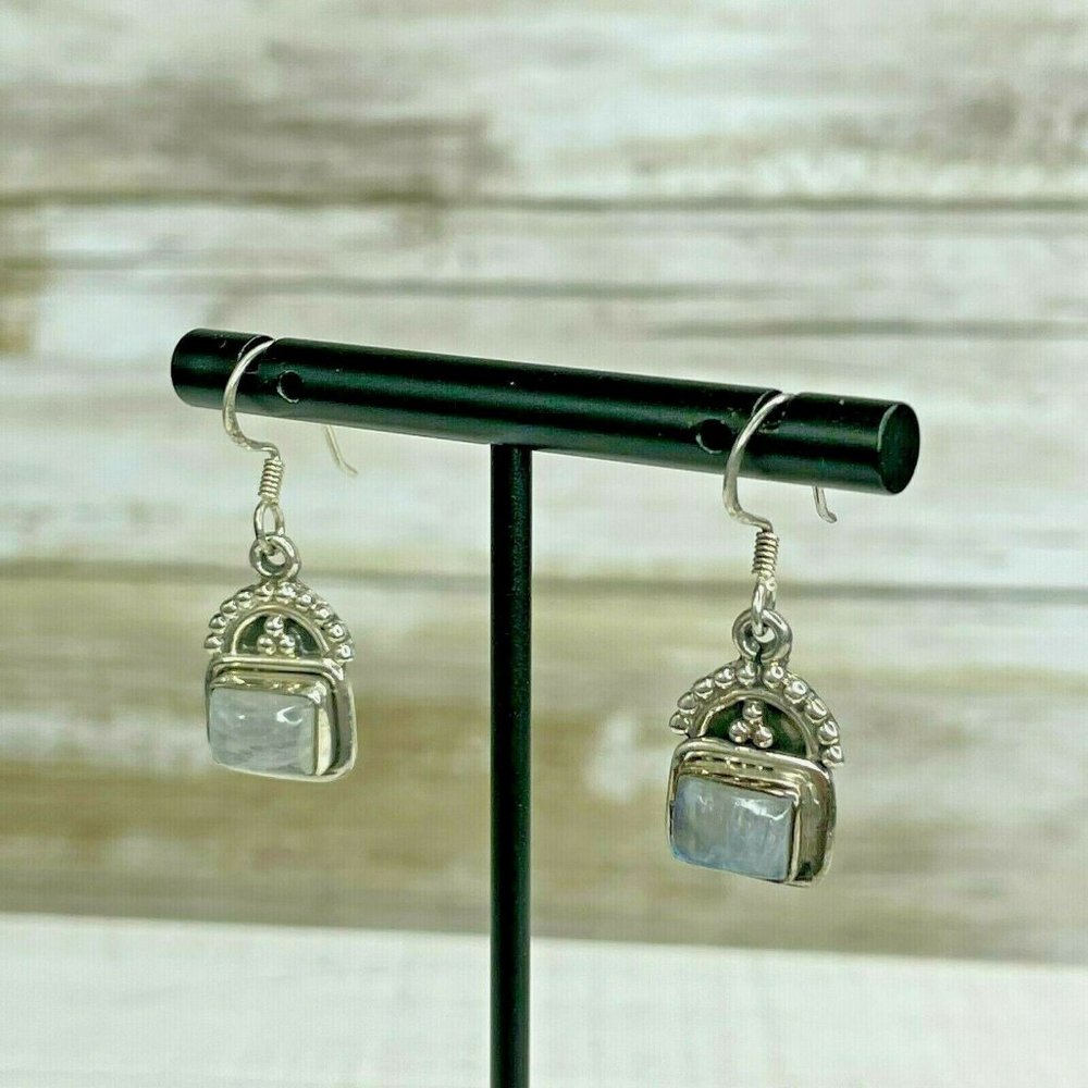 Vintage 925 Sterling Silver Rainbow Moonstone Drop Dangle Earrings - Picture 4 of 9